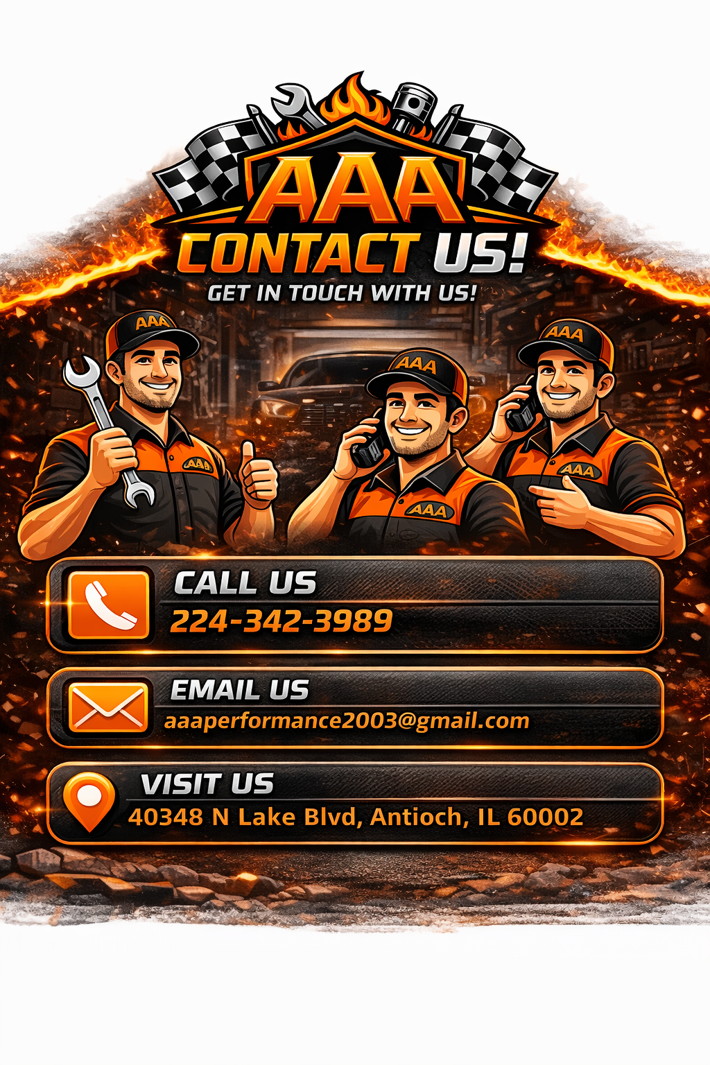 Promotional graphic for AAA auto repair featuring three smiling mechanics in orange and black uniforms, contact information including phone number, email, and address, set against a background of a garage with a racing theme.
