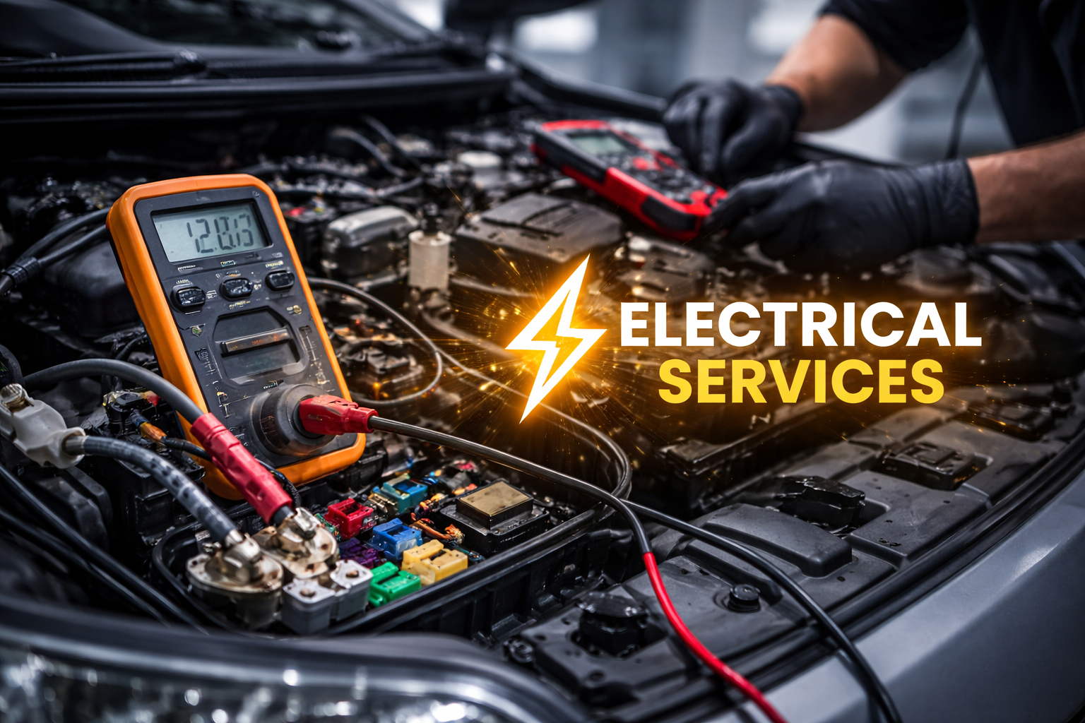 A mechanic wearing black gloves working on a car engine with electrical testing tools, including a multimeter, and a label that reads 'Electrical Services' with a lightning bolt icon.