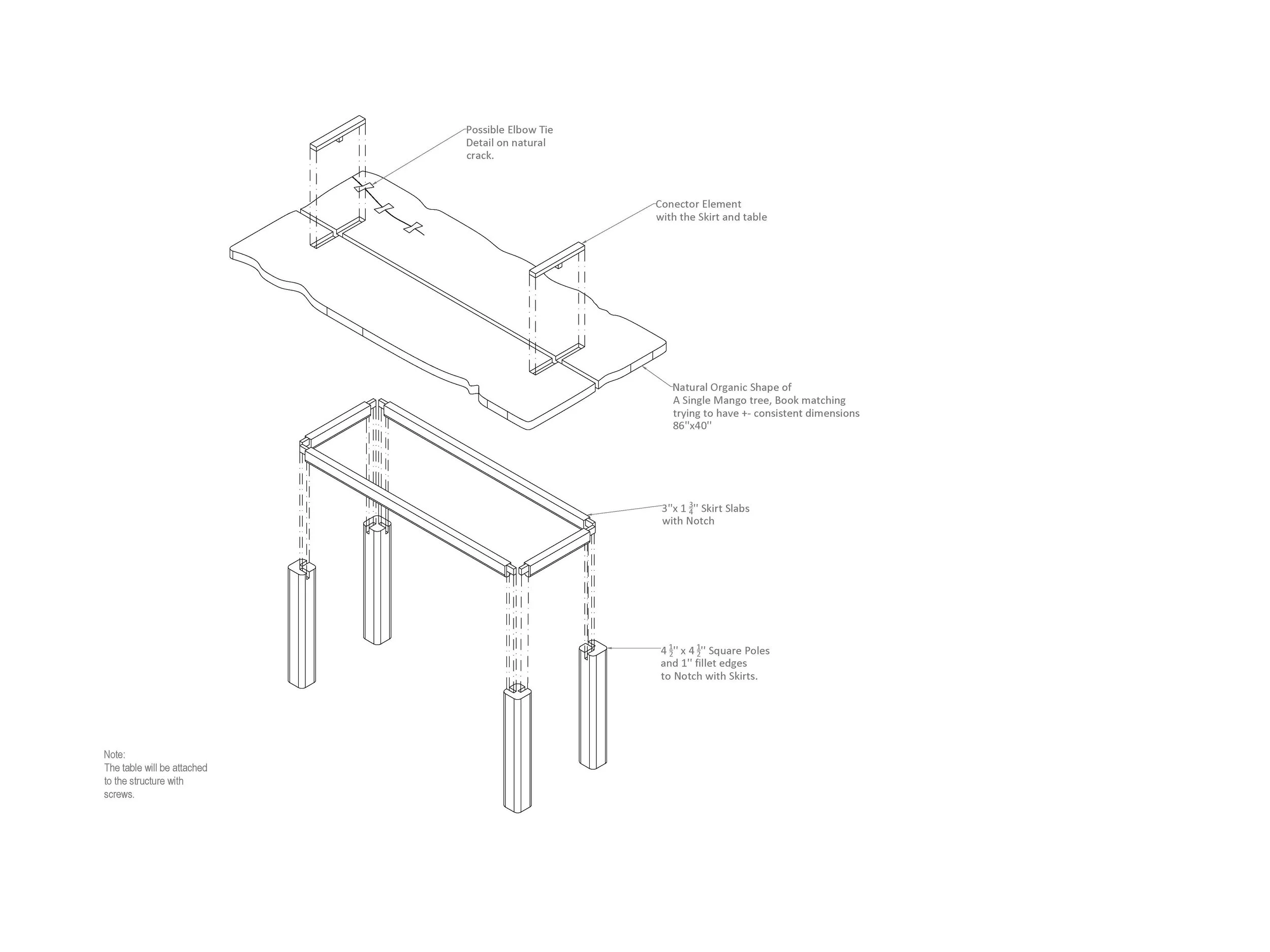 A technical drawing of a table assembly, showing the table top, skirt, and four square legs with notches and screw attachments, along with detailed notes on measurements and construction.