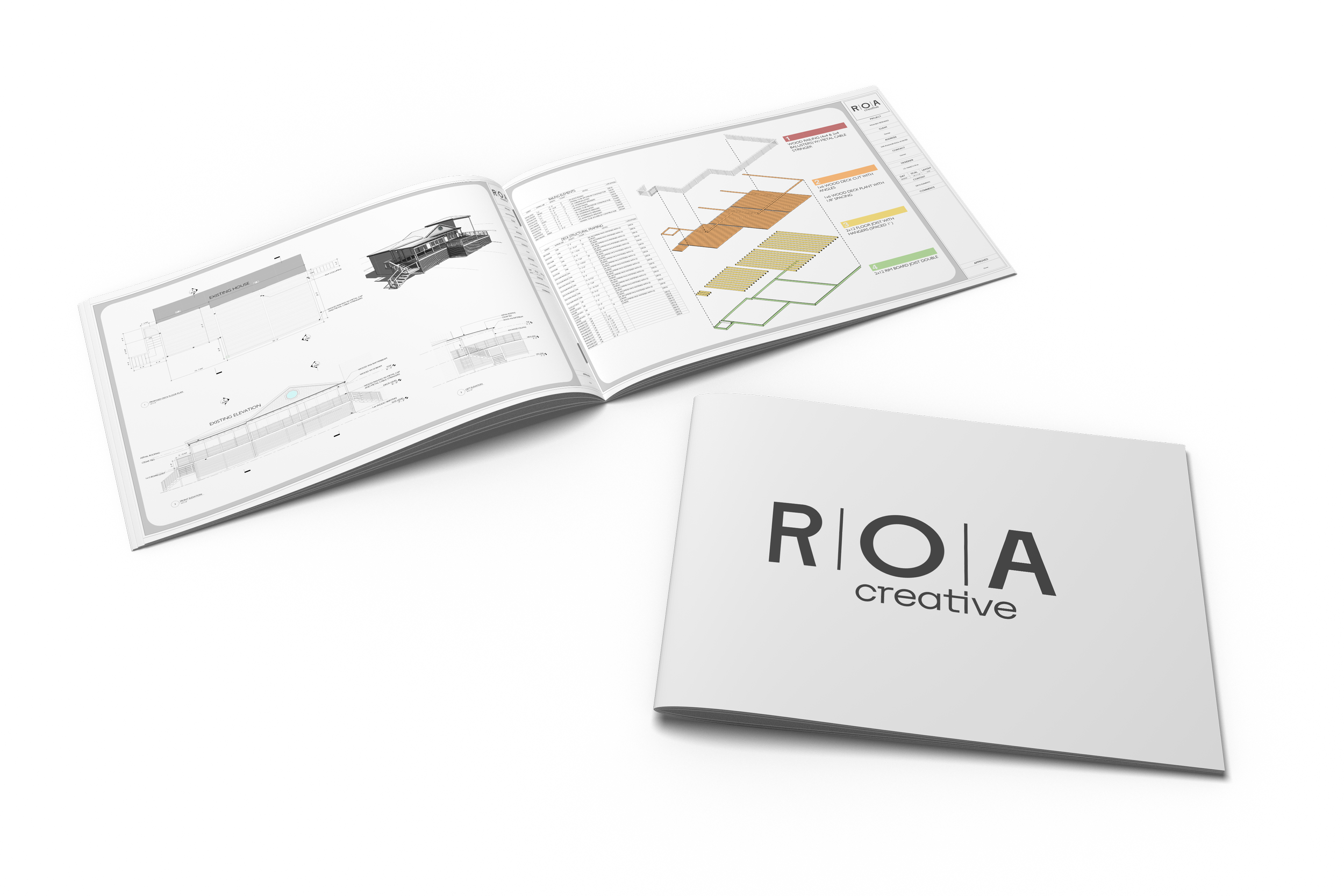Open architectural blueprint and a booklet with the label ROA creative on a black background.