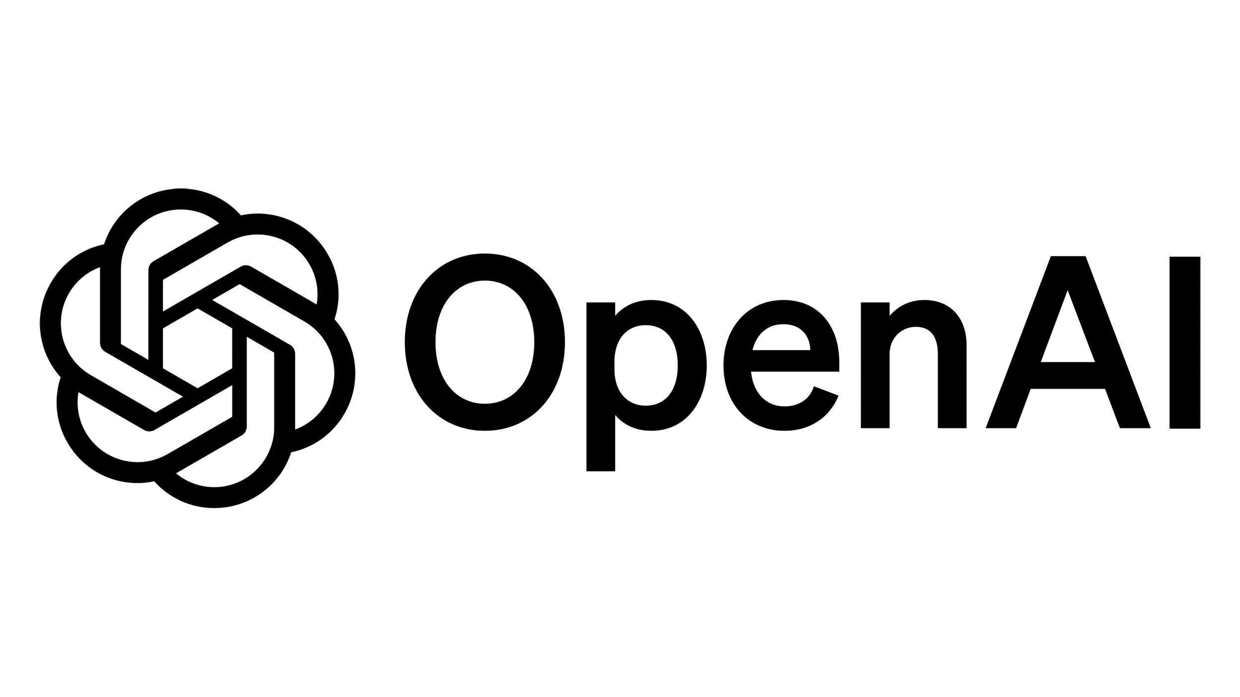 Logotipo de OpenAI con un diseño geométrico color negro y texto 'OpenAI' en línea recta, sobre fondo transparente.