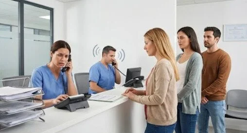 Cinco personas en una oficina, una mujer hablando por teléfono, otras personas en fila, una mujer en la caja registradora.
