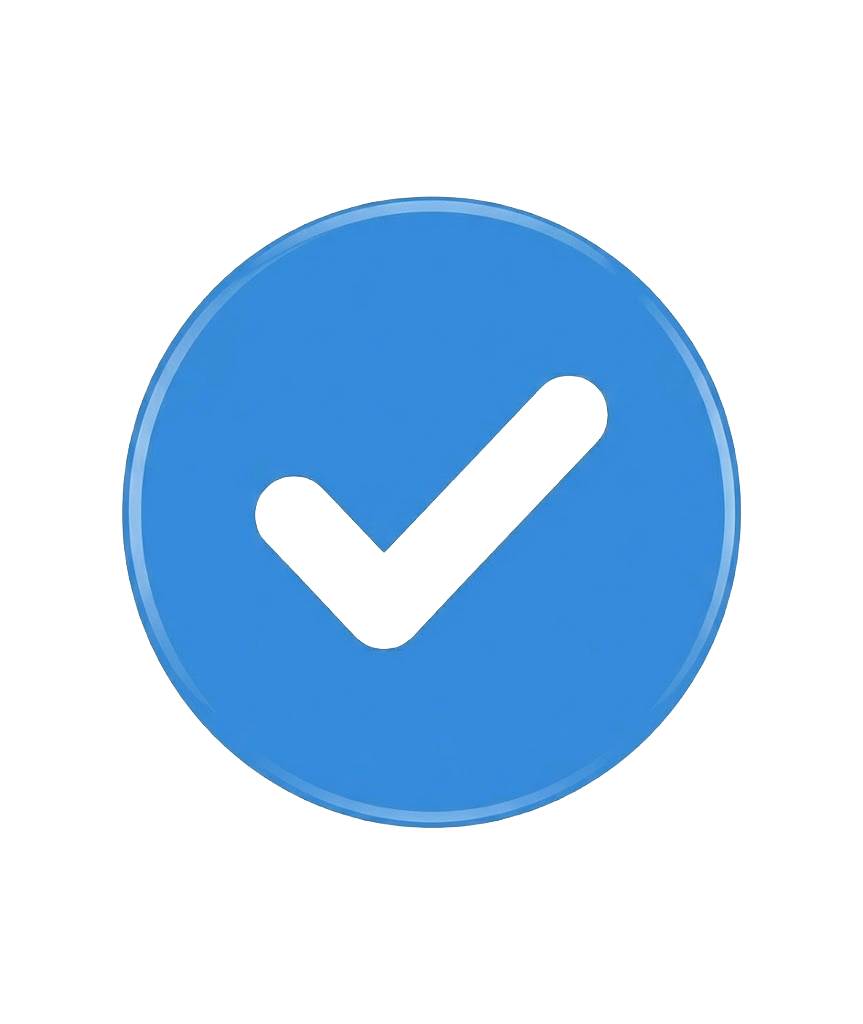 Botón azul con marca de verificación negra en el centro.