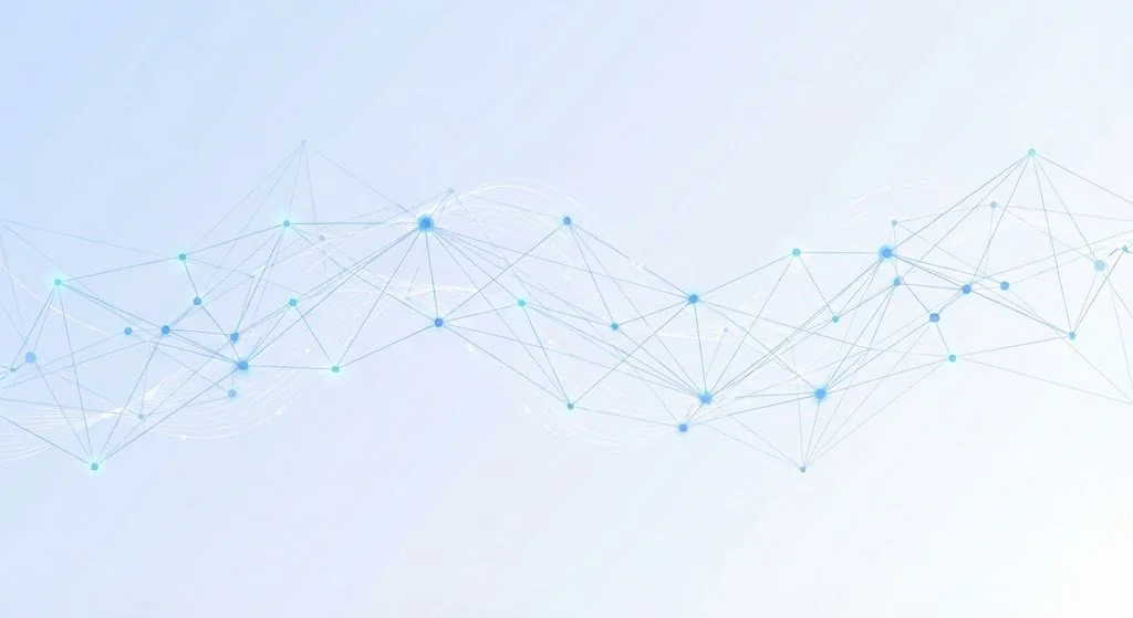 Línea abstracta de puntos y líneas conectados en tonos azules sobre fondo claro.