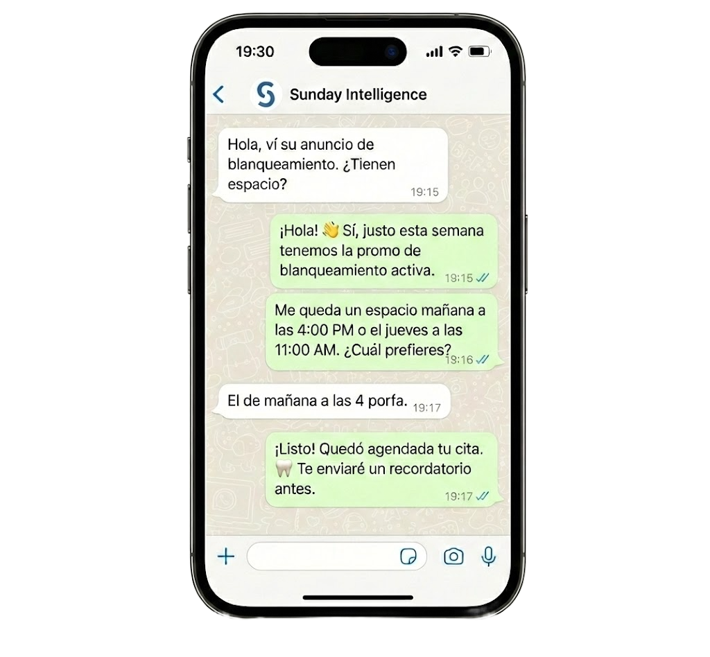 Una captura de pantalla de una conversación en WhatsApp sobre la cita para blanqueamiento dental, incluyendo detalles del horario y recordatorios.