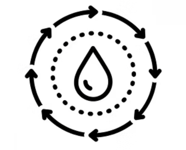A black and white icon of a water droplet inside a dotted circle, surrounded by a larger dashed circle with arrows indicating a cycle or process.