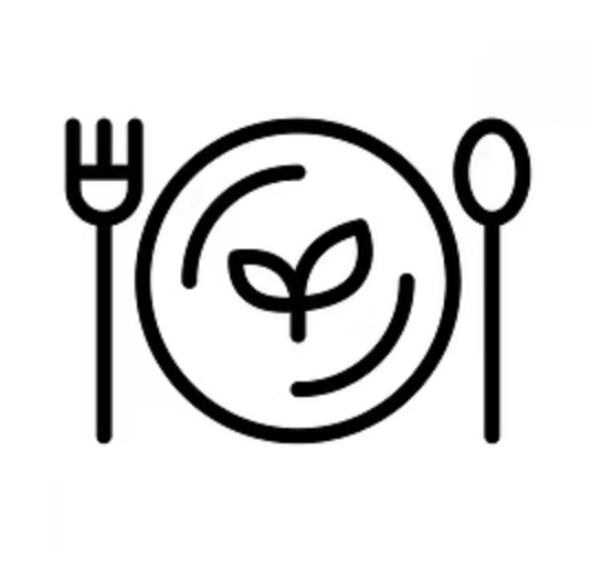 Outline of a plate with a leaf design in the center, flanked by a fork on the left and a spoon on the right.