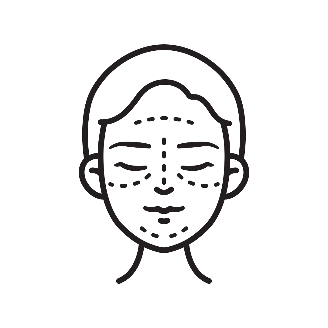 Line drawing of a woman's face with dotted lines indicating areas for cosmetic or skincare treatments.