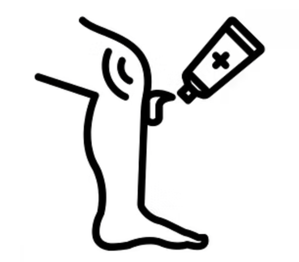 Line drawing of a foot with a tube dispensing ointment or cream onto a toenail.