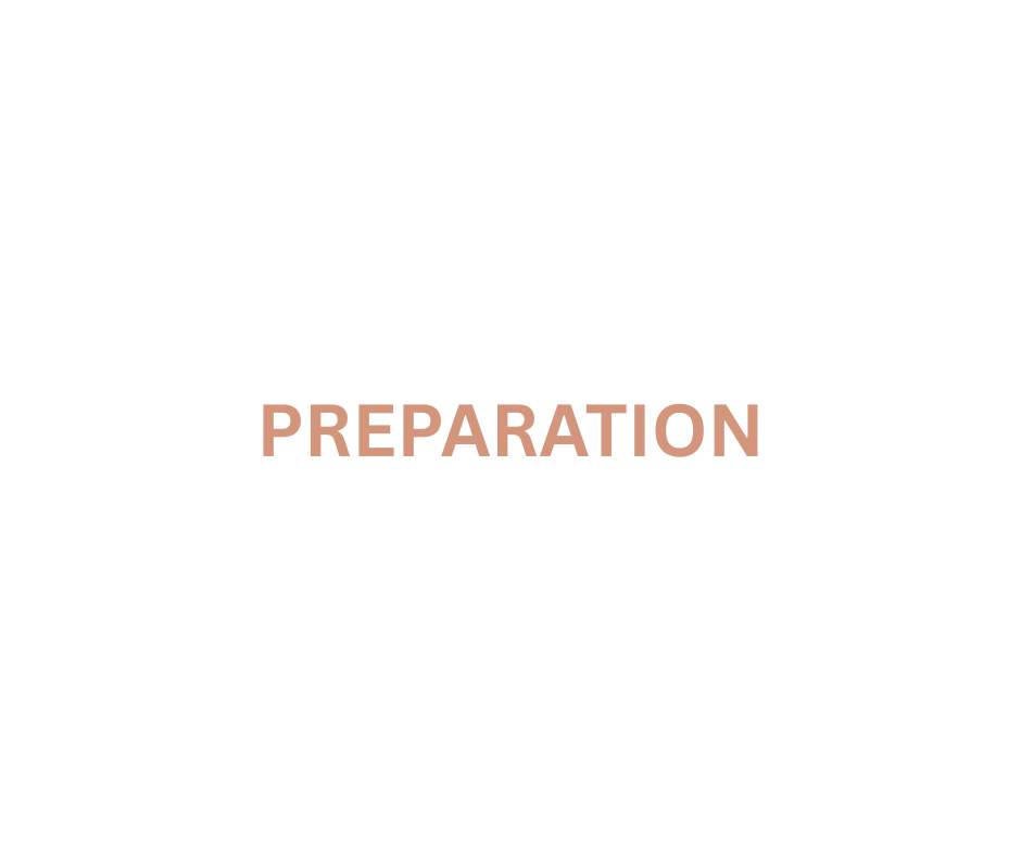 A white presentation slide with the word 'PREPARATION' in large, brown letters in the center.