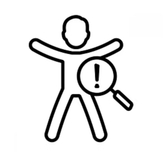 Outline drawing of a person with arms outstretched, a magnifying glass with an exclamation mark in the center over the person's midsection, indicating caution or alert.
