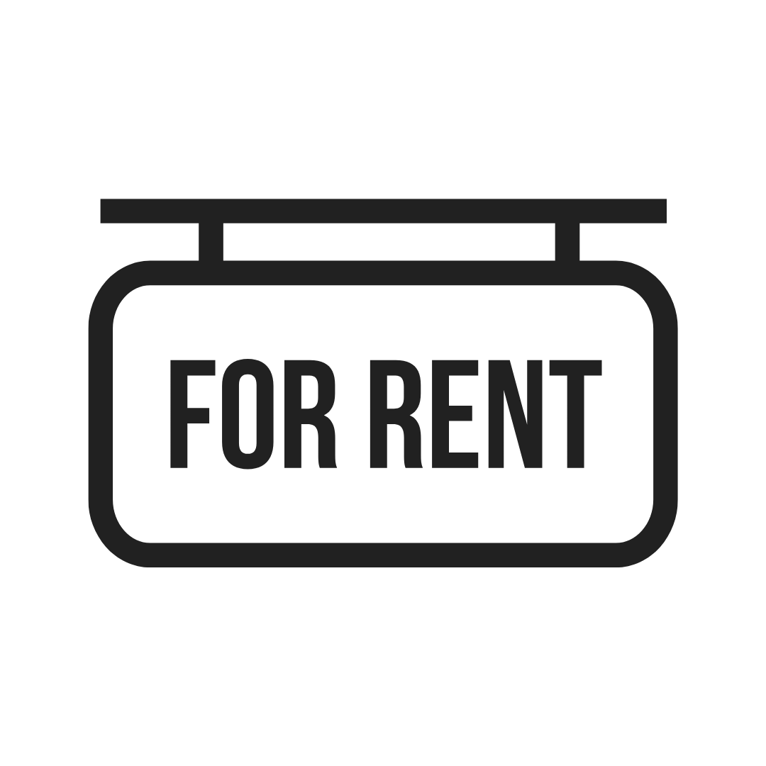 Sign with the words 'For Rent' in bold black text on a white background.