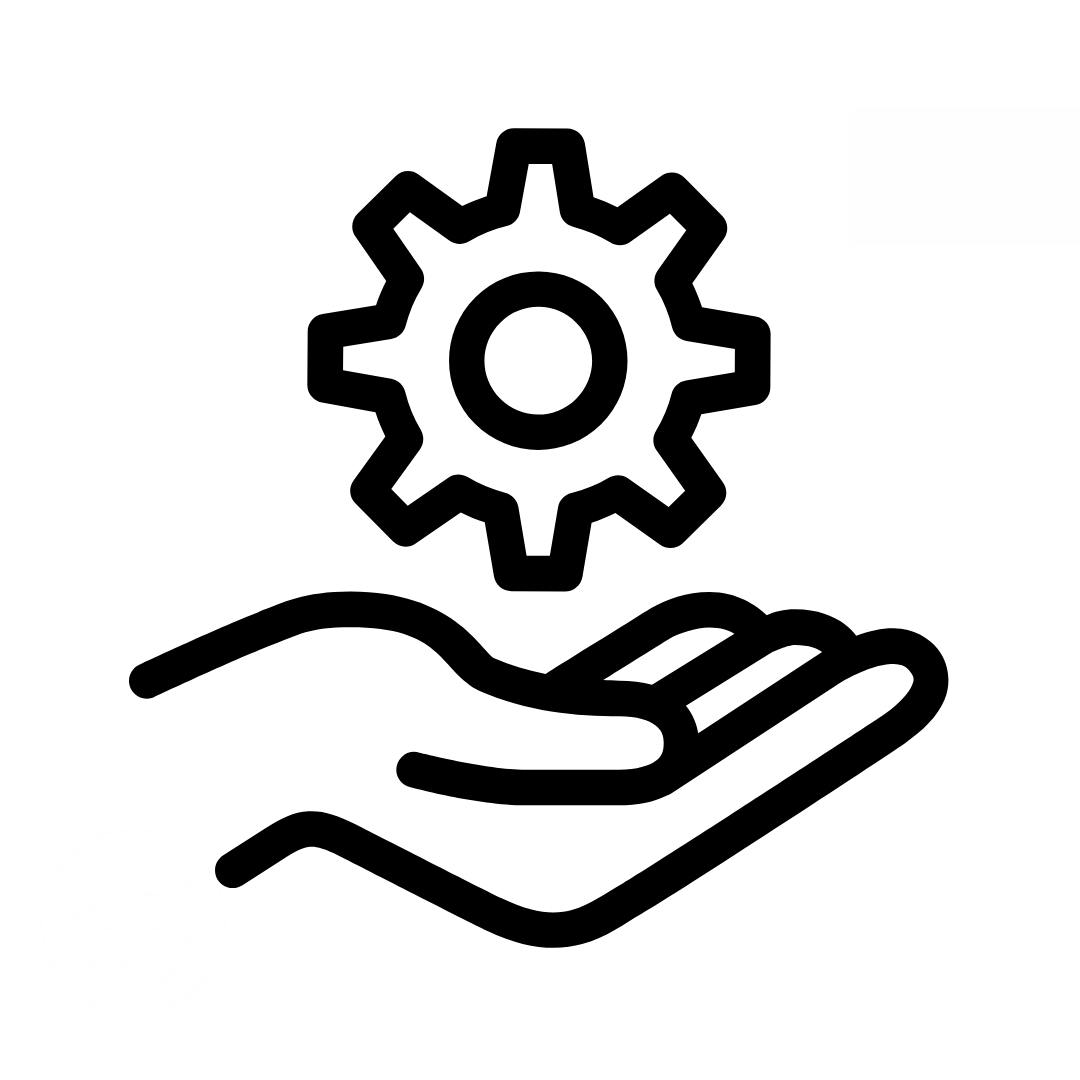 Line drawing of a hand holding a gear, symbolizing management or technical support.