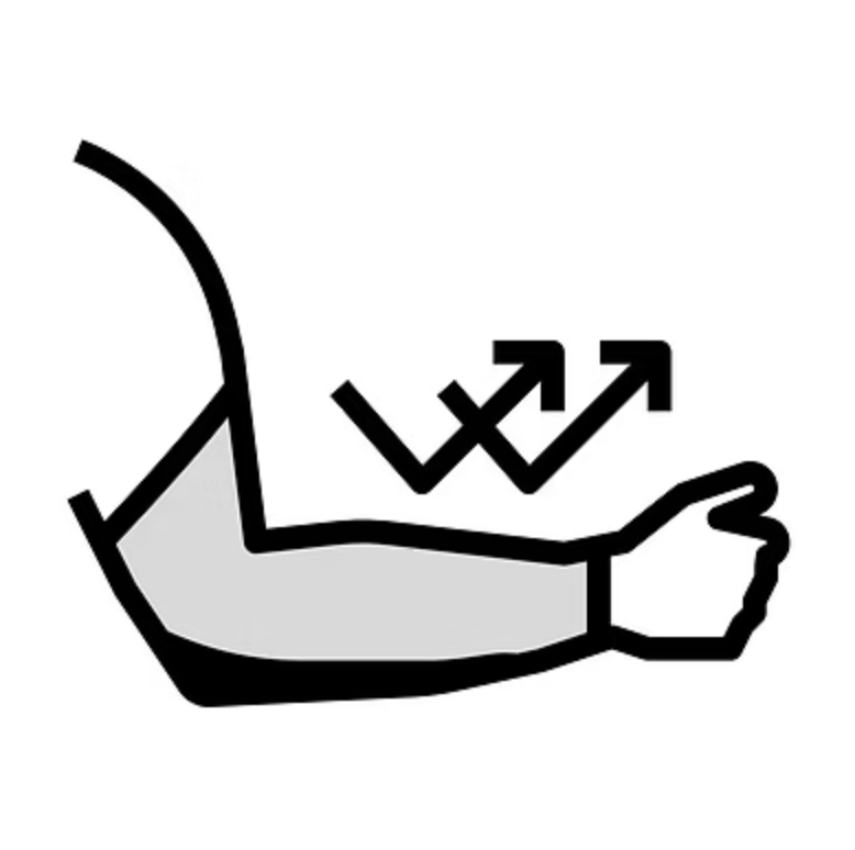 Line drawing of a flexed arm with upward arrows, indicating increase in muscle strength or size.