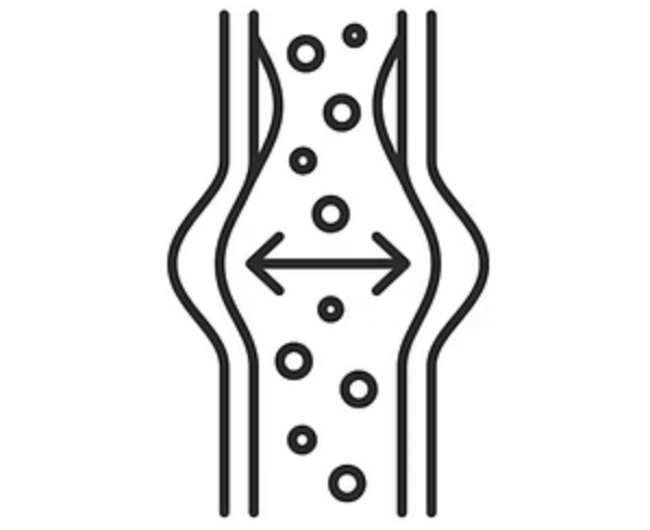 Diagram showing the flow of particles through a narrowed channel with a width measurement indicated by double-headed arrow