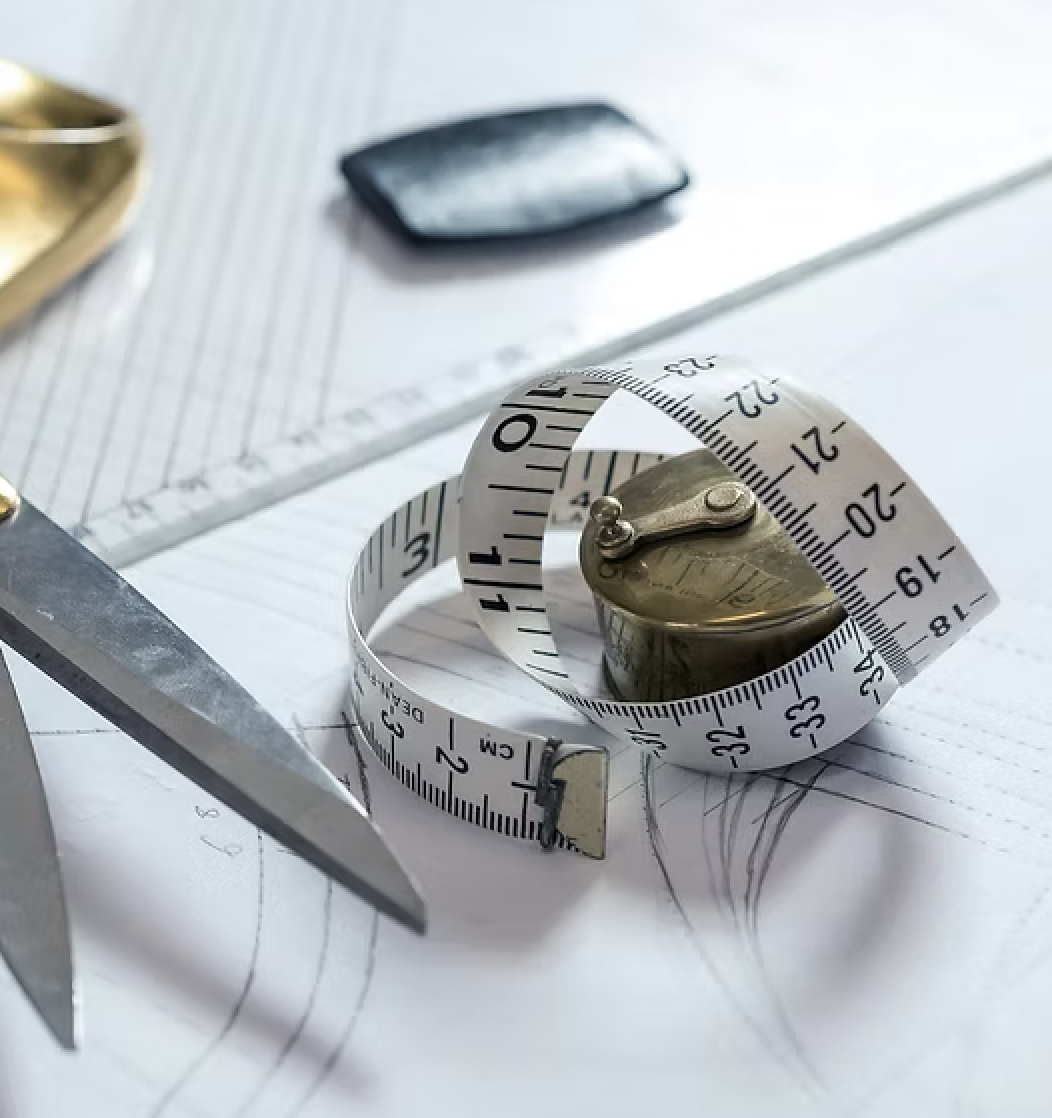 A measuring tape and a pair of scissors on a white surface with sketches or technical drawings.