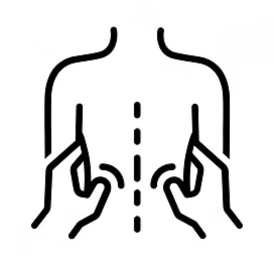 Line drawing of a person's back with two hands pressing on the lower back, indicating a massage or back pain relief.