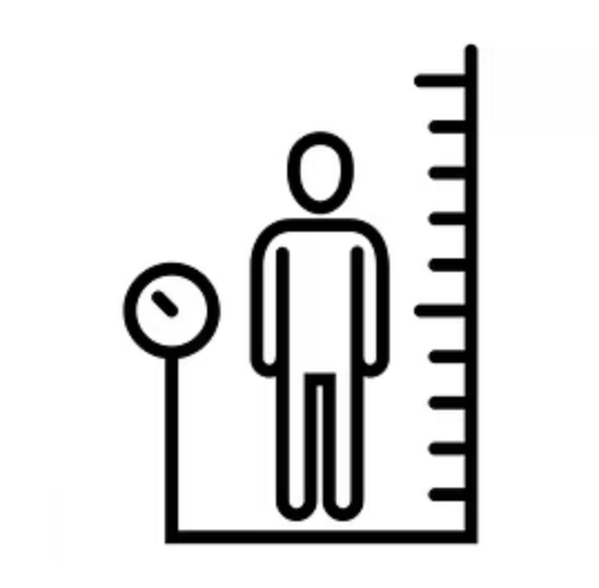 Line drawing of a human figure next to a height measurement ruler.