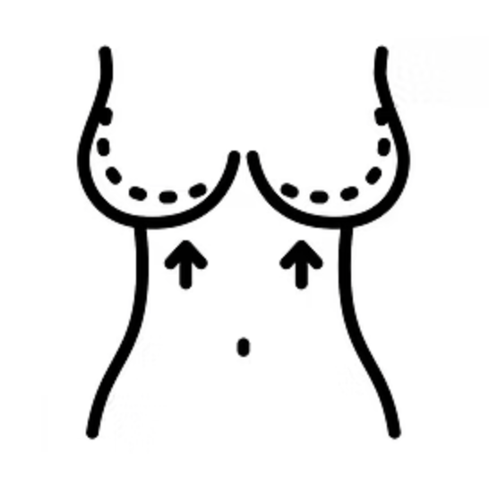 Simple black and white outline drawing of a woman's torso, showing breasts with dotted lines and arrows pointing upward, indicating a breast lift or enhancement.