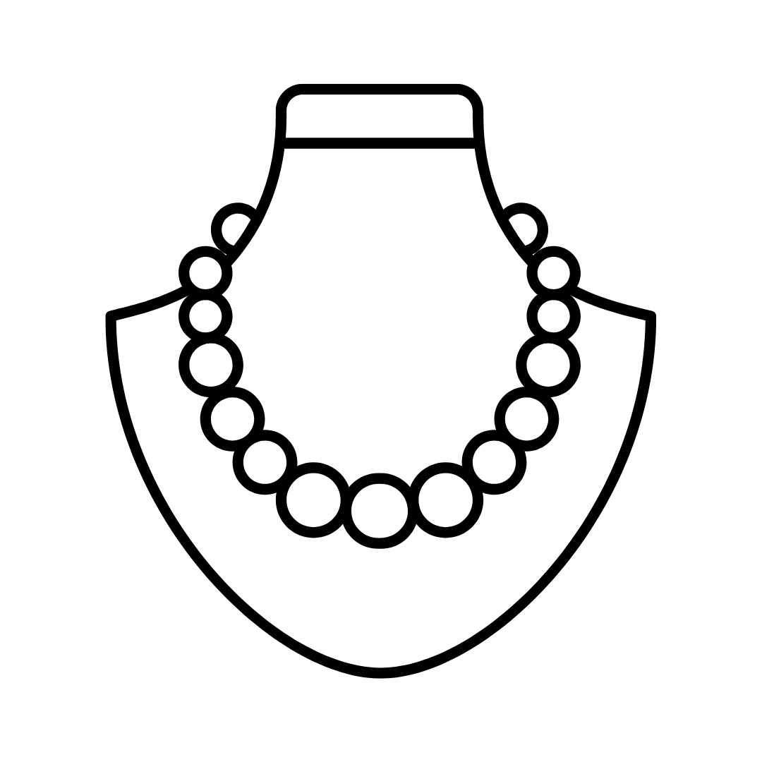 Line drawing of a necklace with large beads on a display bust.