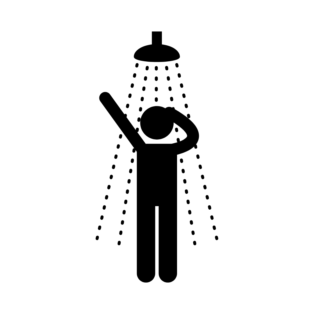 Silhouette of a person under a shower, with one arm raised and head tilted back.