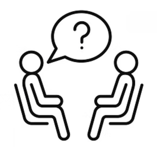 Two stick figures sitting across from each other with a speech bubble containing a question mark.