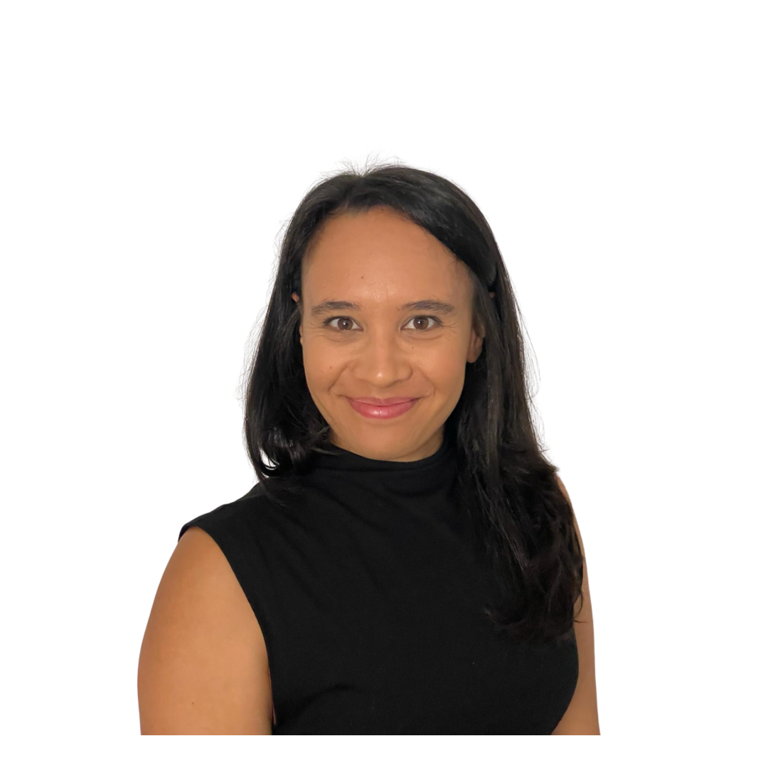 A woman with shoulder-length black hair, wearing a black sleeveless top, smiling at the camera against a plain white background.