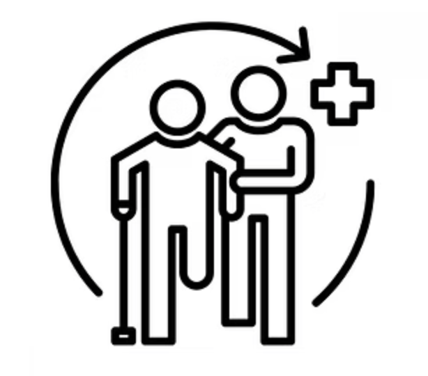 Line drawing of healthcare worker assisting an elderly patient with a crutch, surrounded by a circular arrow and a medical cross.