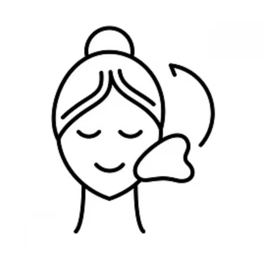 Simple black and white line drawing of a woman with her eyes closed, with a towel on her head, rinsing her face with water.