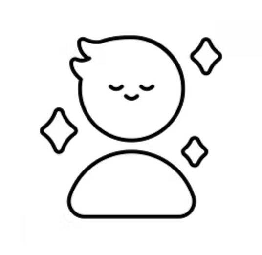 A simple black-and-white line drawing of a smiling moon with closed eyes, surrounded by four sparkle shapes.