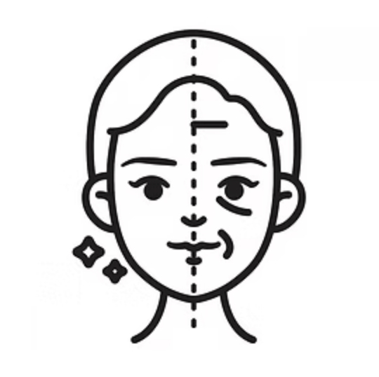 Line drawing of a woman's face with one side normal and the other side showing signs of aging, indicating a comparison of youthful and aging skin.