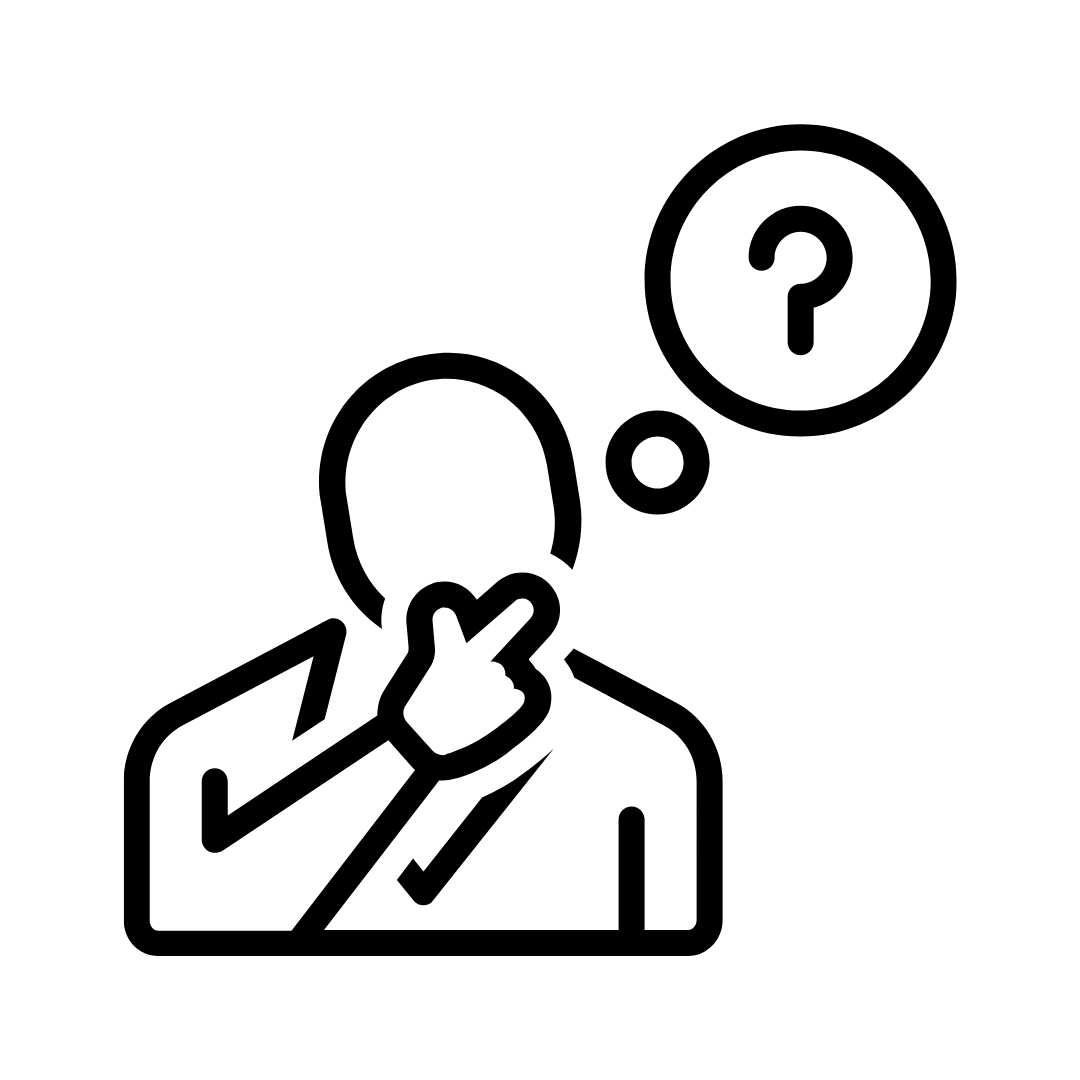 Line drawing of a person with their hand on their chin, thinking, with a question mark in a thought bubble.