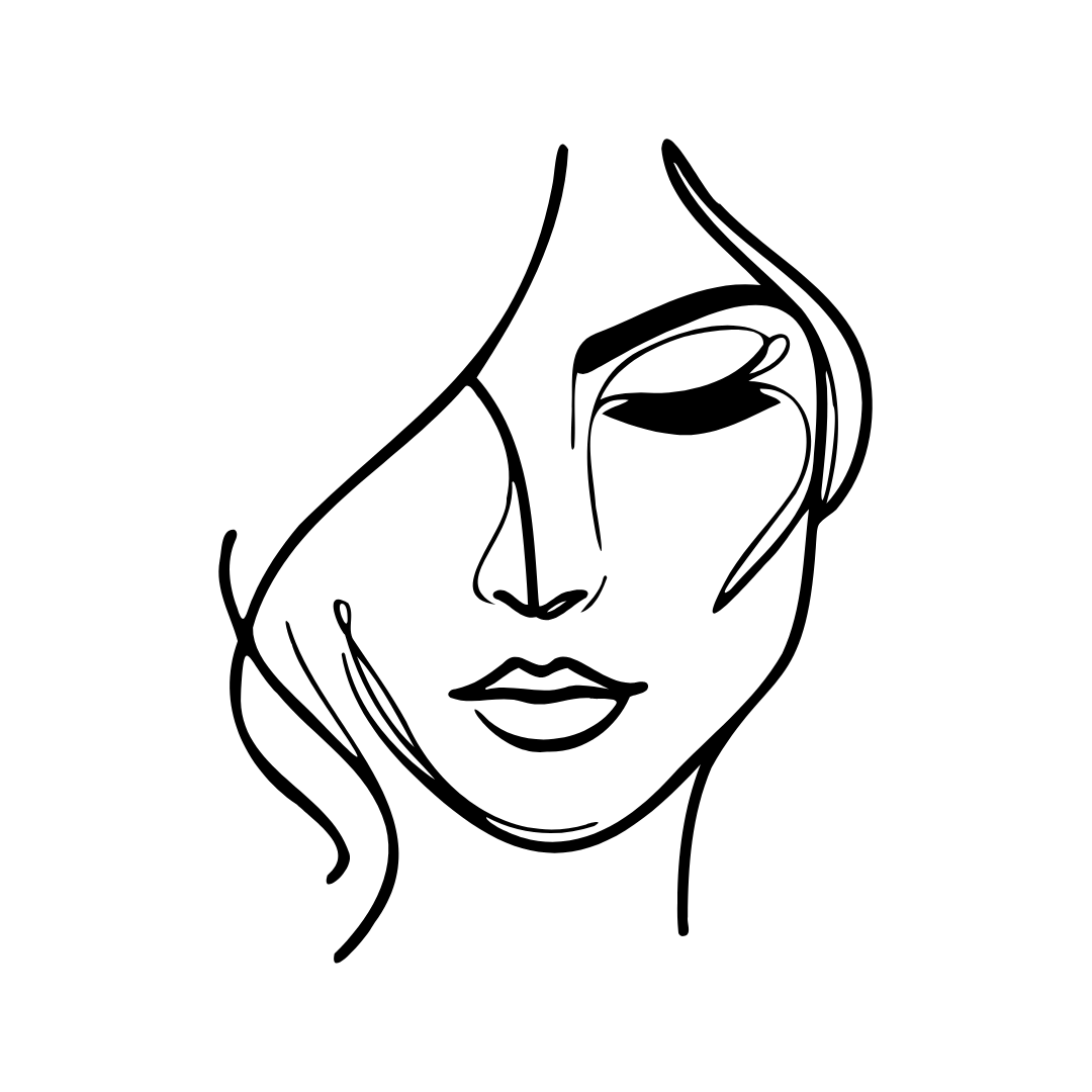 Line drawing of a woman's face with closed eyes and long hair, minimalistic style.