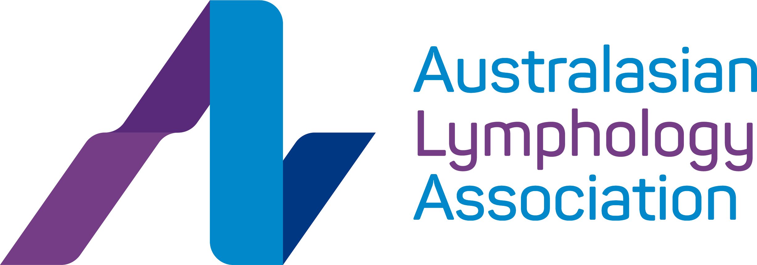 Logo of the Australasian Lymphology Association, featuring a stylized 'A' in purple and blue with the organization name to the right in blue and purple text.