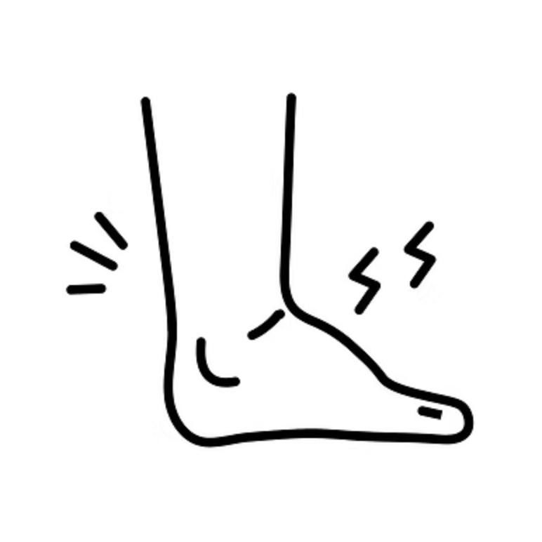 Simple black line drawing of a sprained ankle with pain indicators.