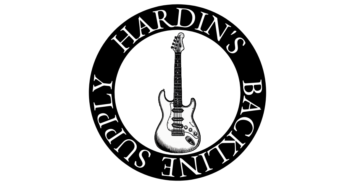 Black circular logo with a detailed electric guitar in the center. The text around the circle reads "HARDIN'S BACKLINE SUPPLY".