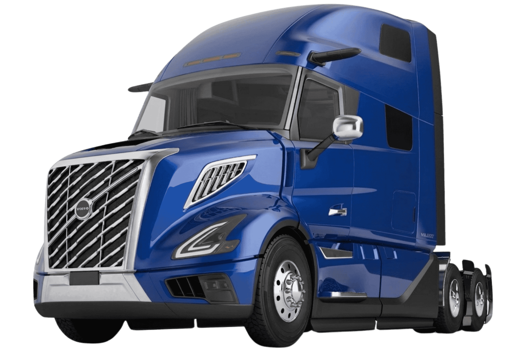 A blue semi-truck with a modern aerodynamic design, featuring a prominent grille, sleek headlights, and a spacious cab.