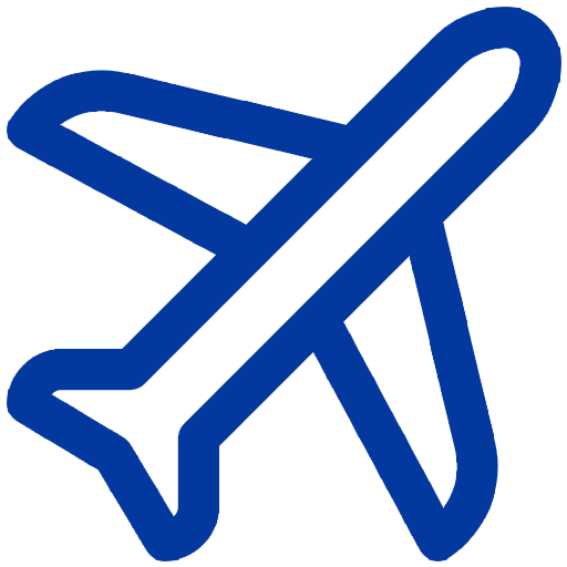 Blue outline of an airplane icon on a black background.