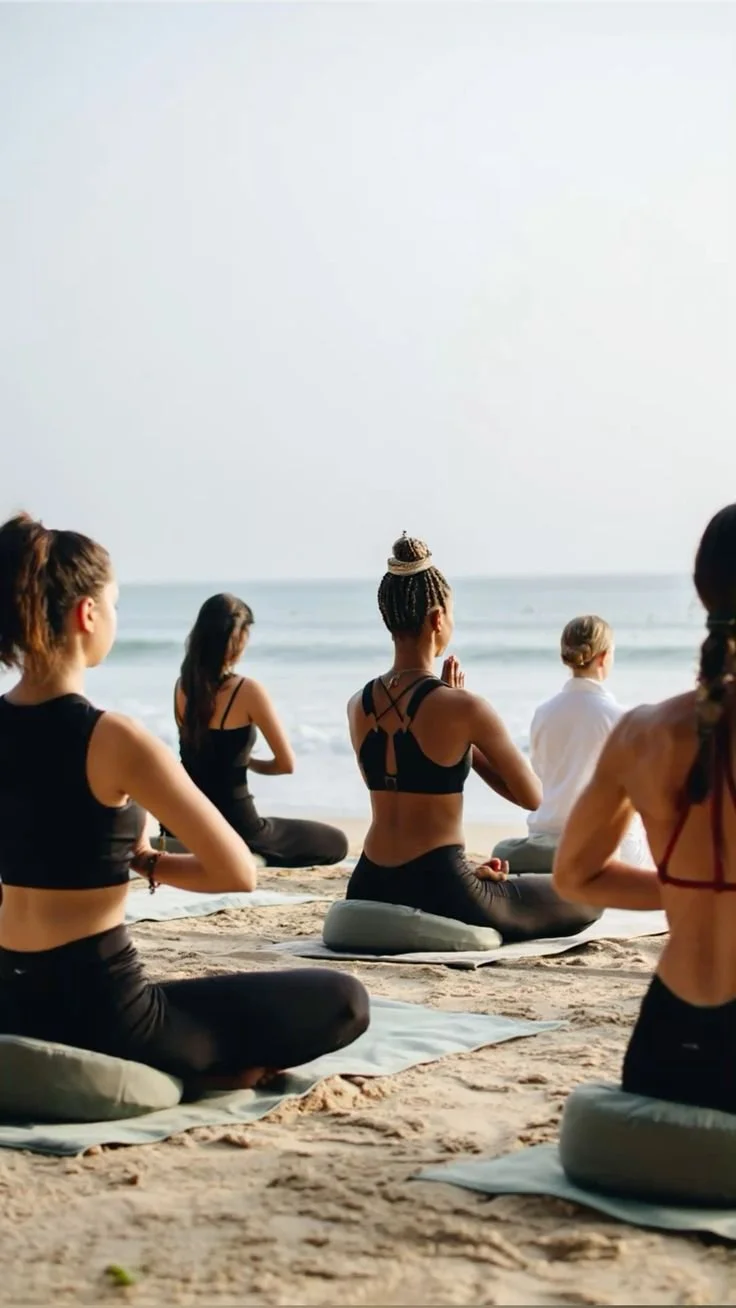 EarthLinks guests meditating on yoga mats during a beach yoga session by the ocean.