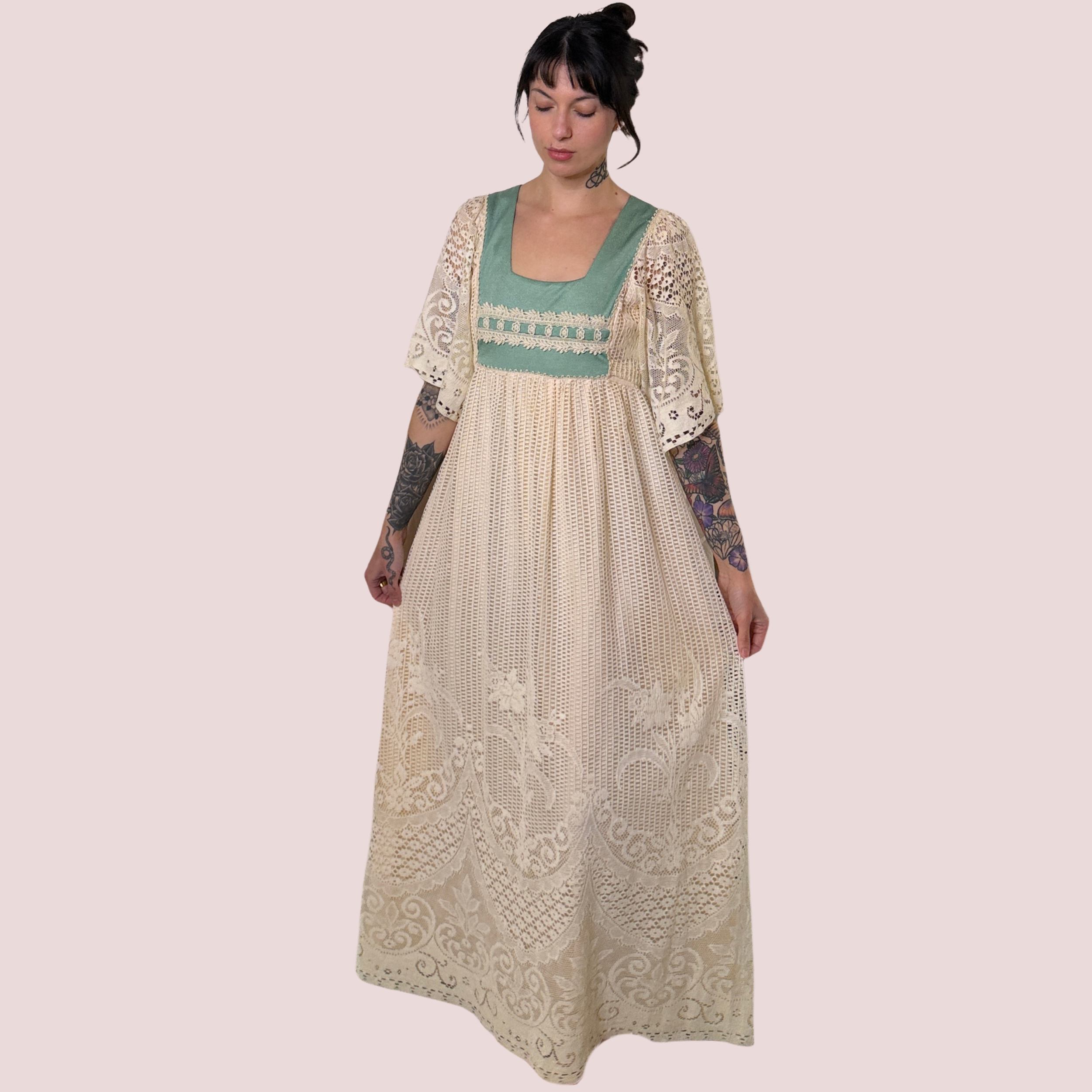 70s Teal Satin and Ivory Lace Romantic Maxi Dress