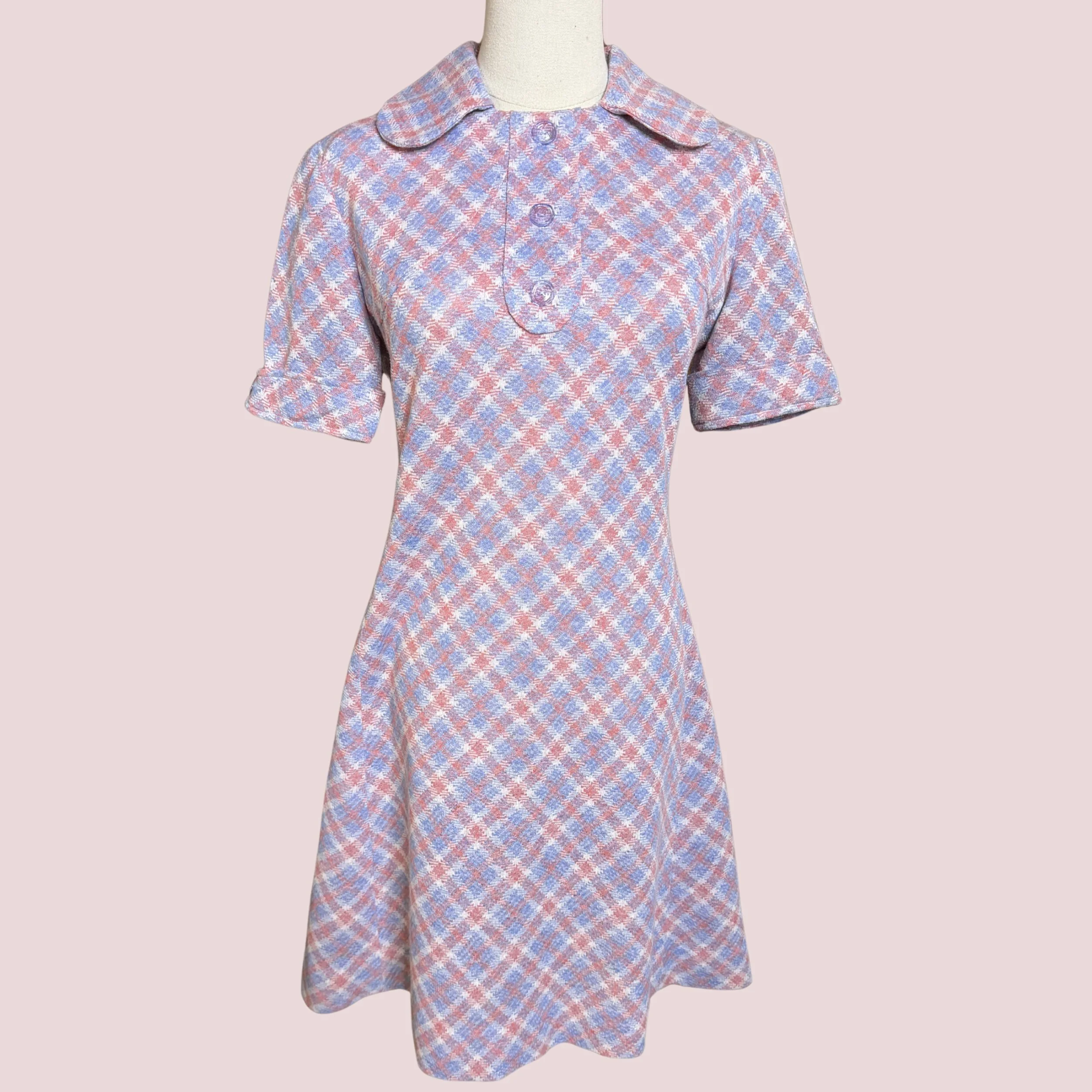 60s Pastel Plaid Peter Pan Collar Mini Dress