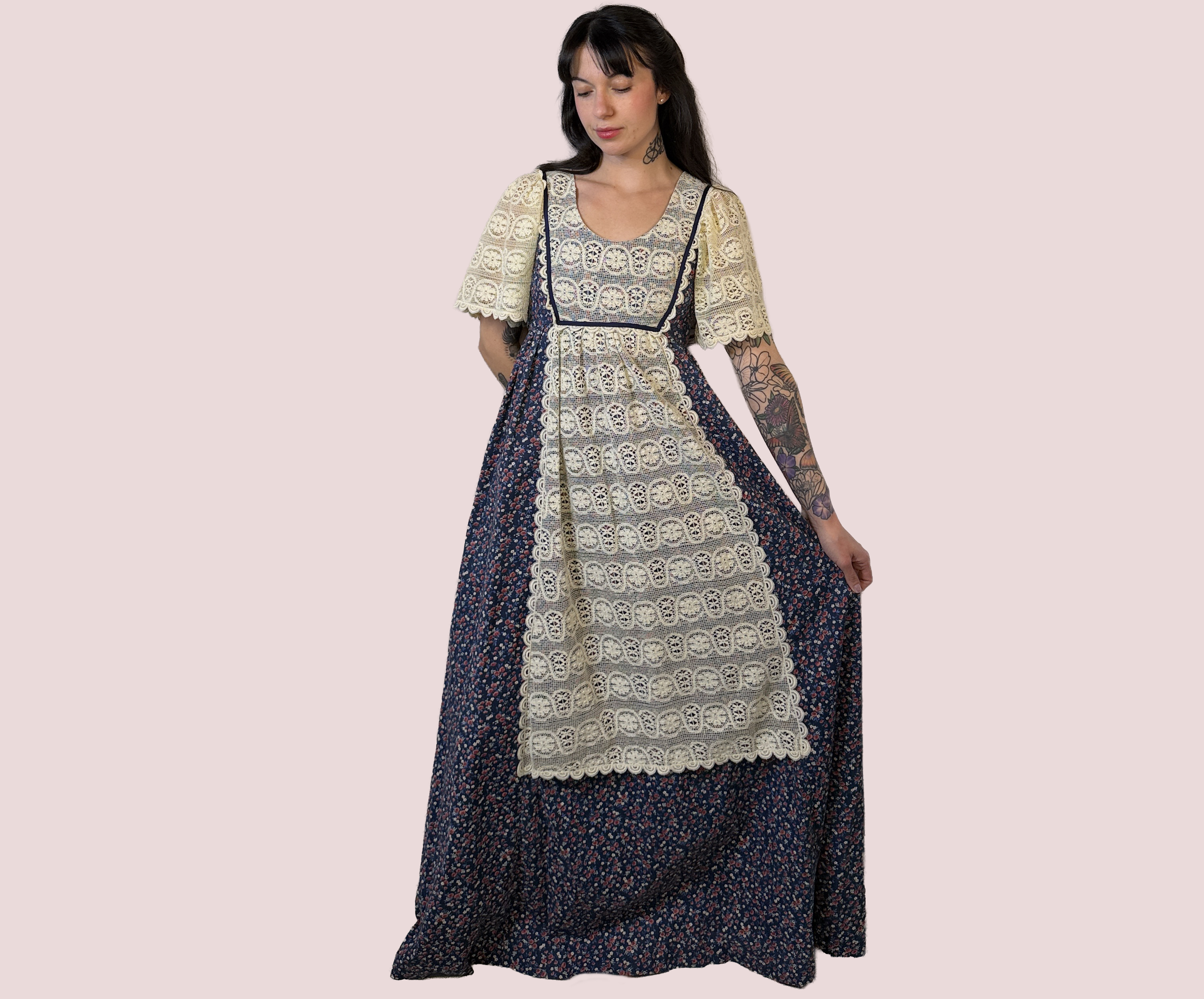 70s Navy Floral Lace Prairie Maxi Dress