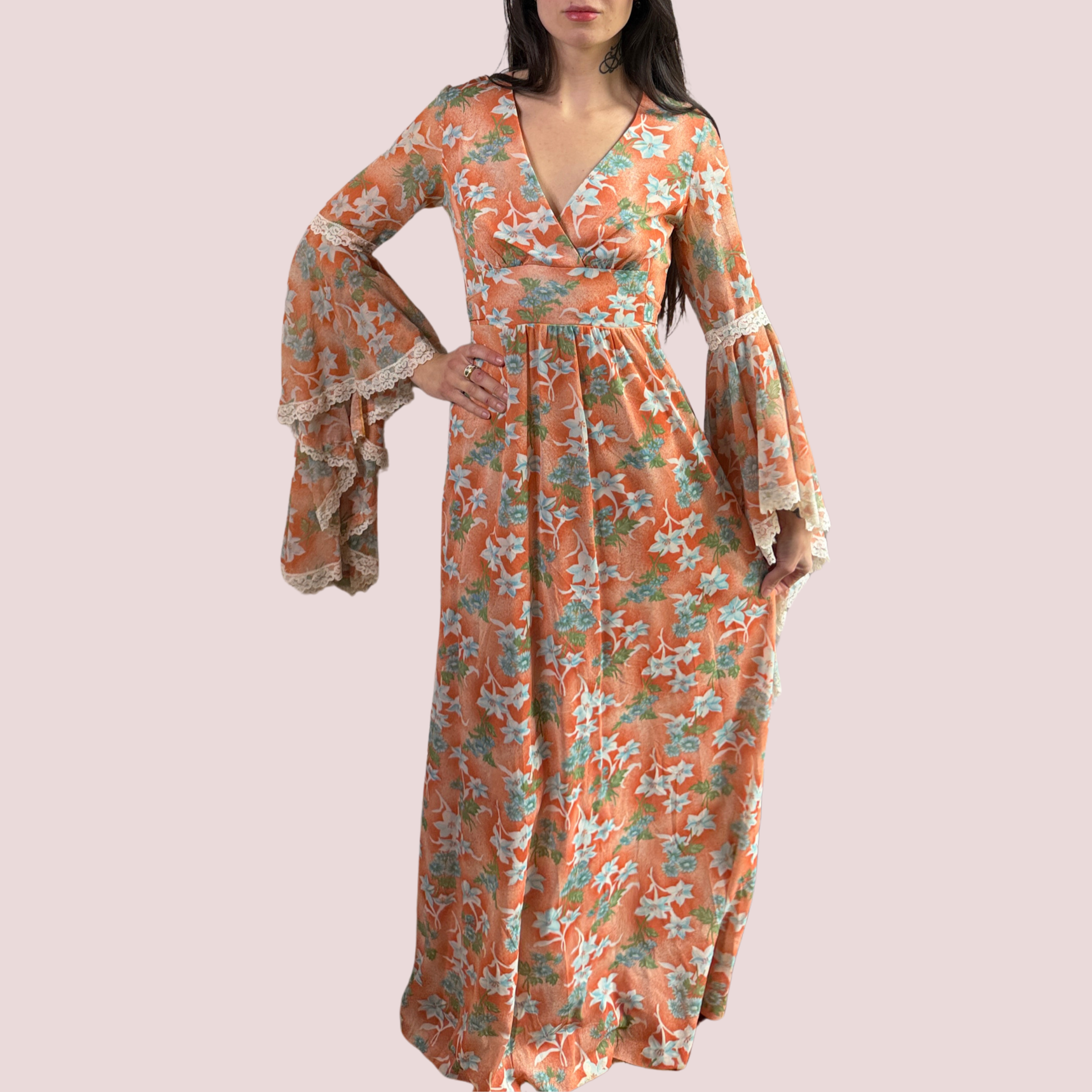 70s Orange Floral Bell Sleeve Boho Maxi Dress