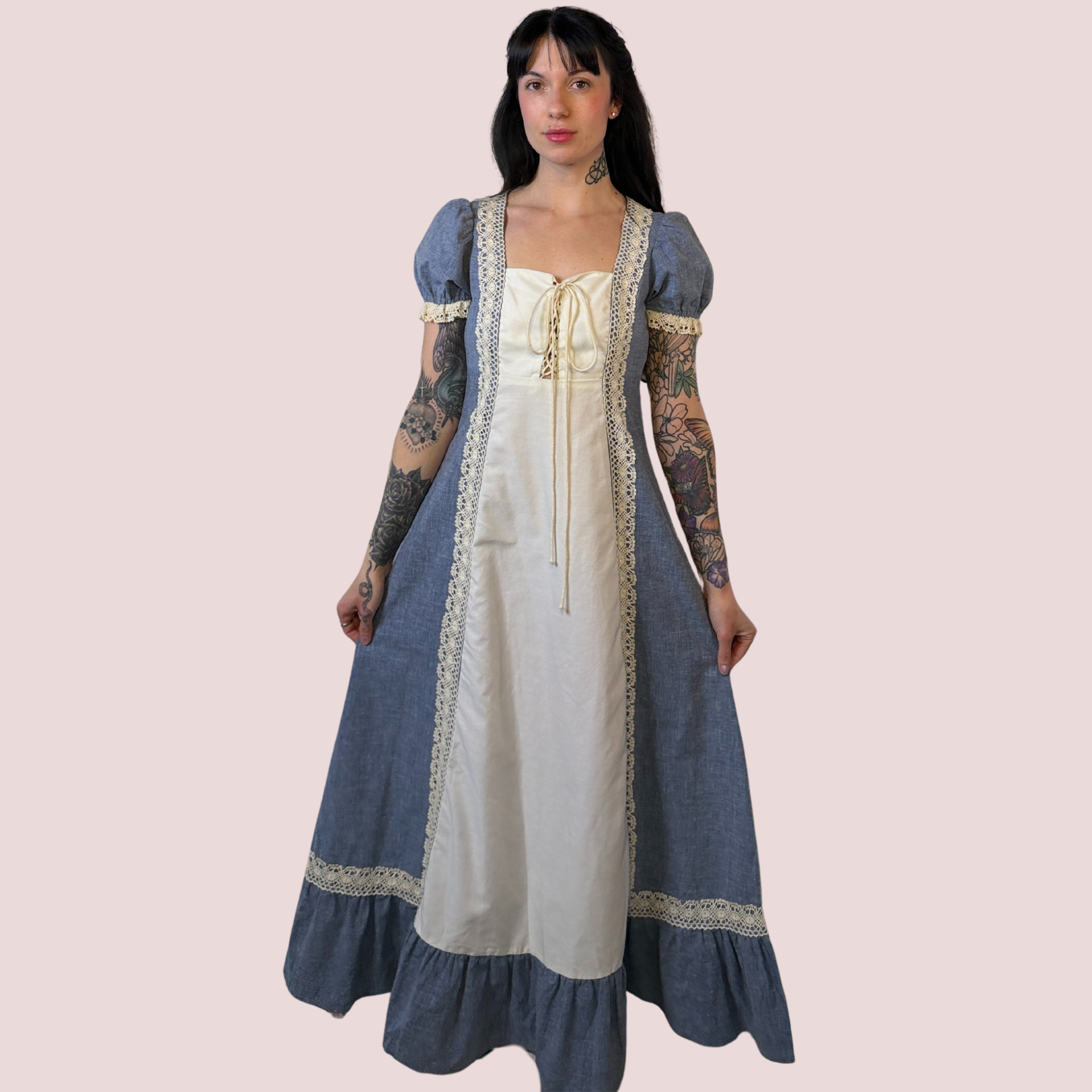 1969 Black Label Gunne Sax Chambray Corset Dress