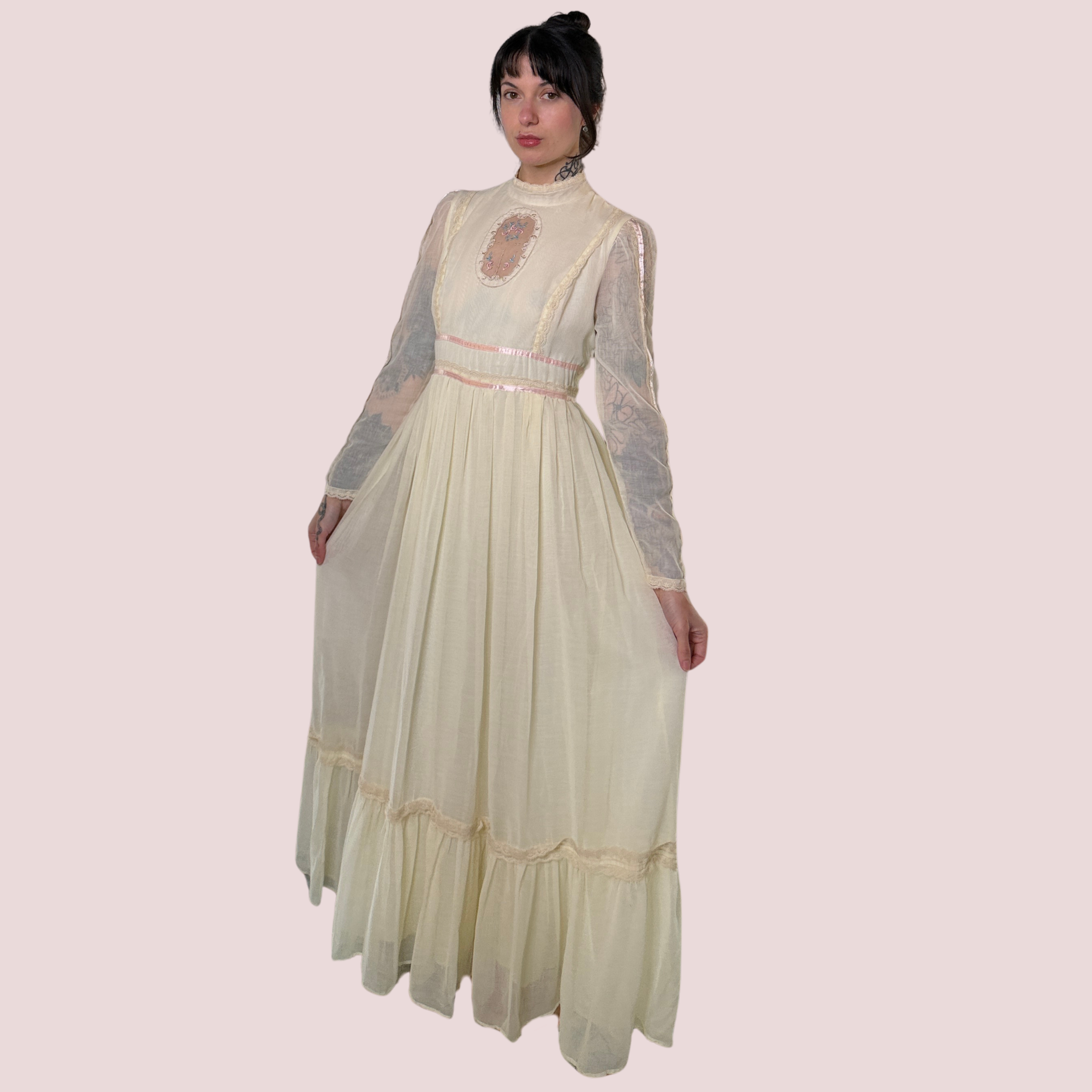Gunne Sax Cameo Cream & Pink Maxi Dress