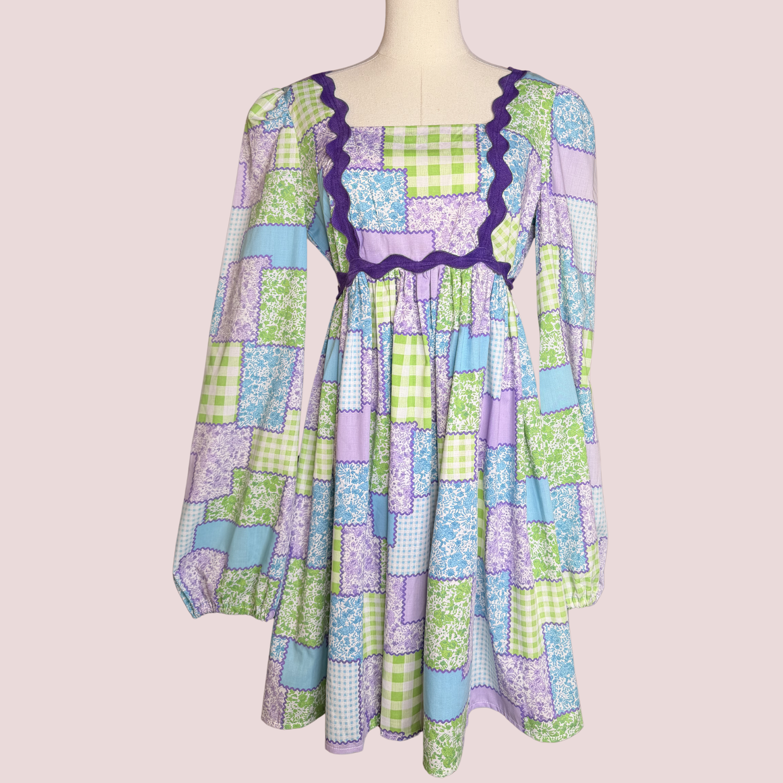 70s Patchwork and Floral Babydoll Mini Dress