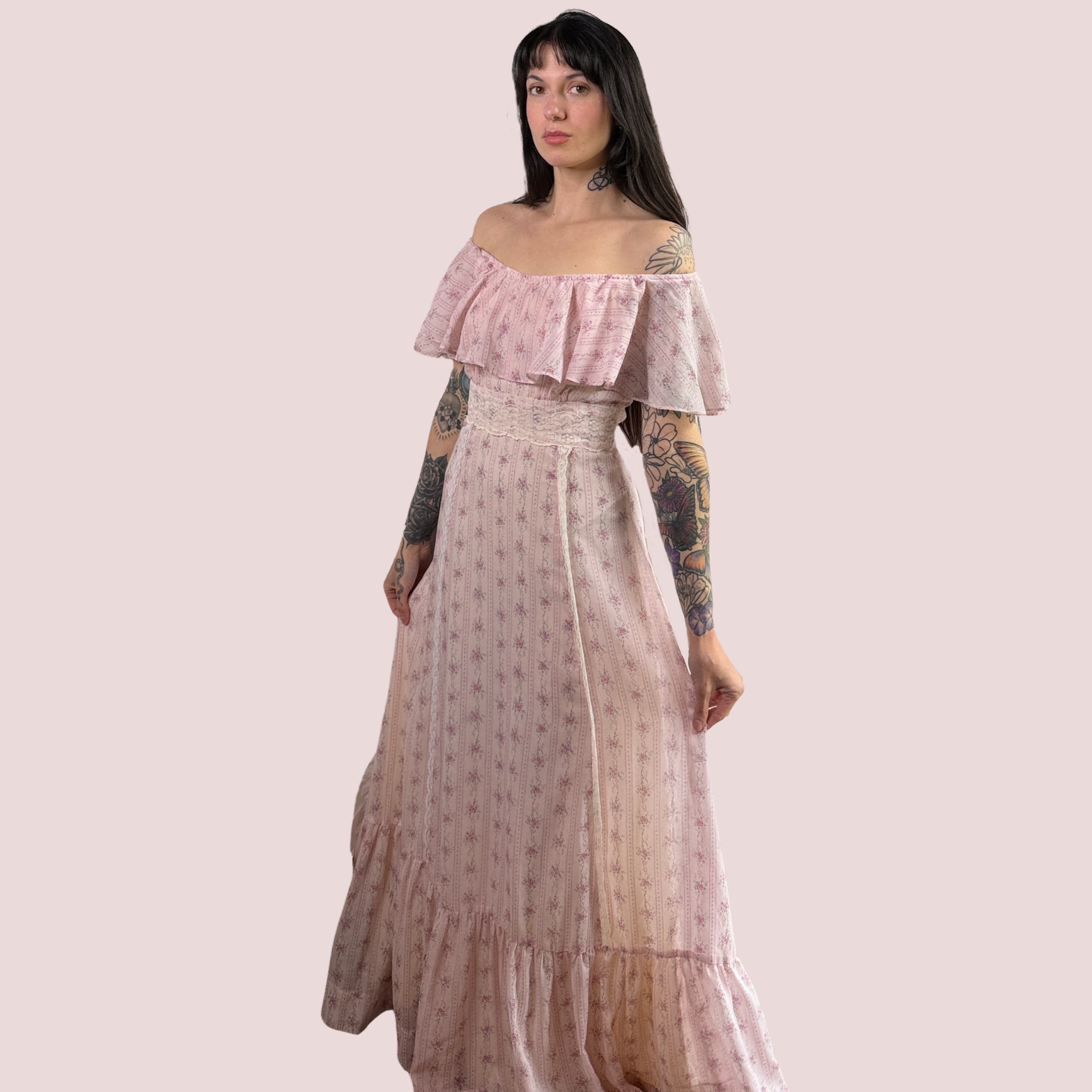 70s Rose Petal Off-Shoulder Prairie Maxi Dress