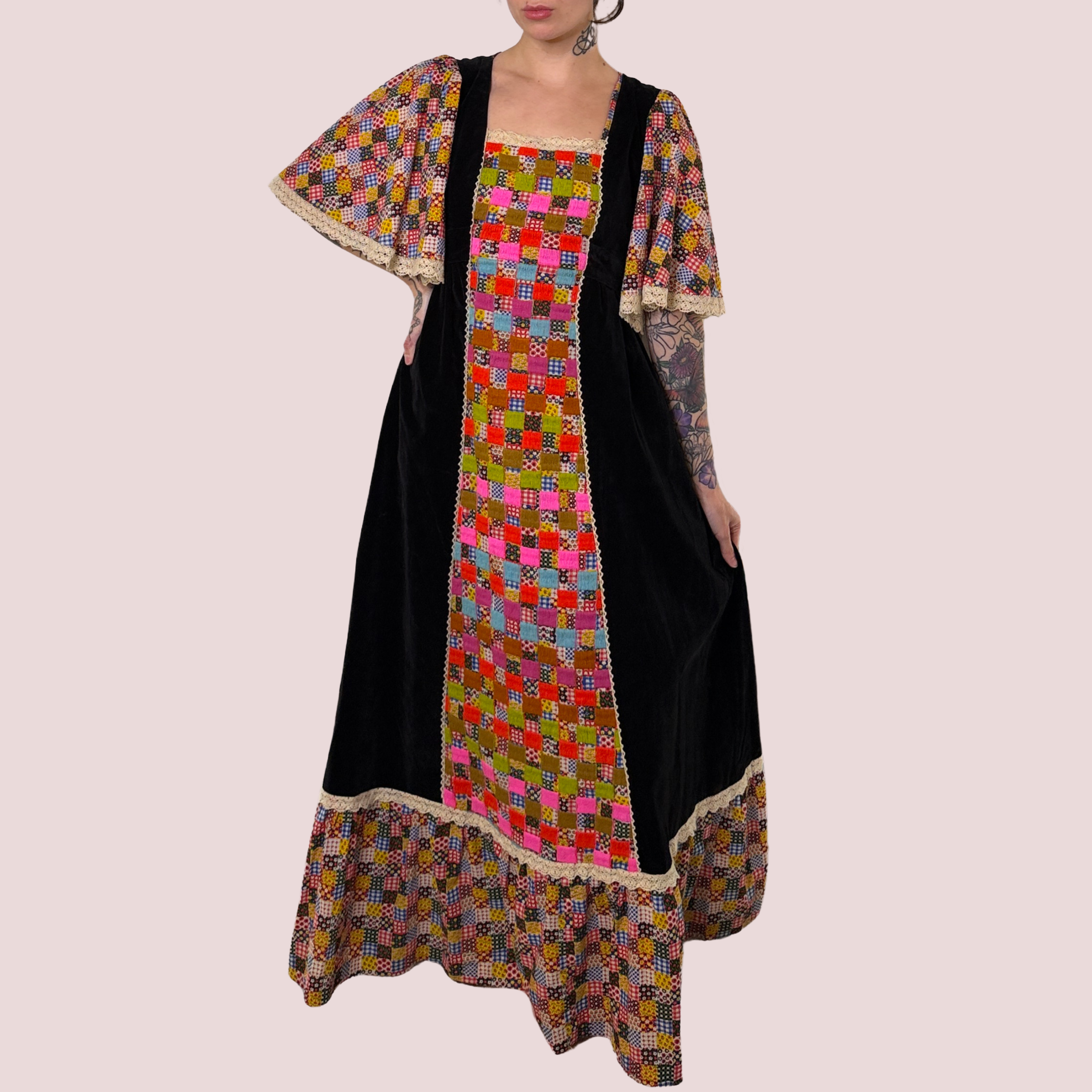 70s Patchwork Embroidered Velvet Folk Prairie Maxi Dress