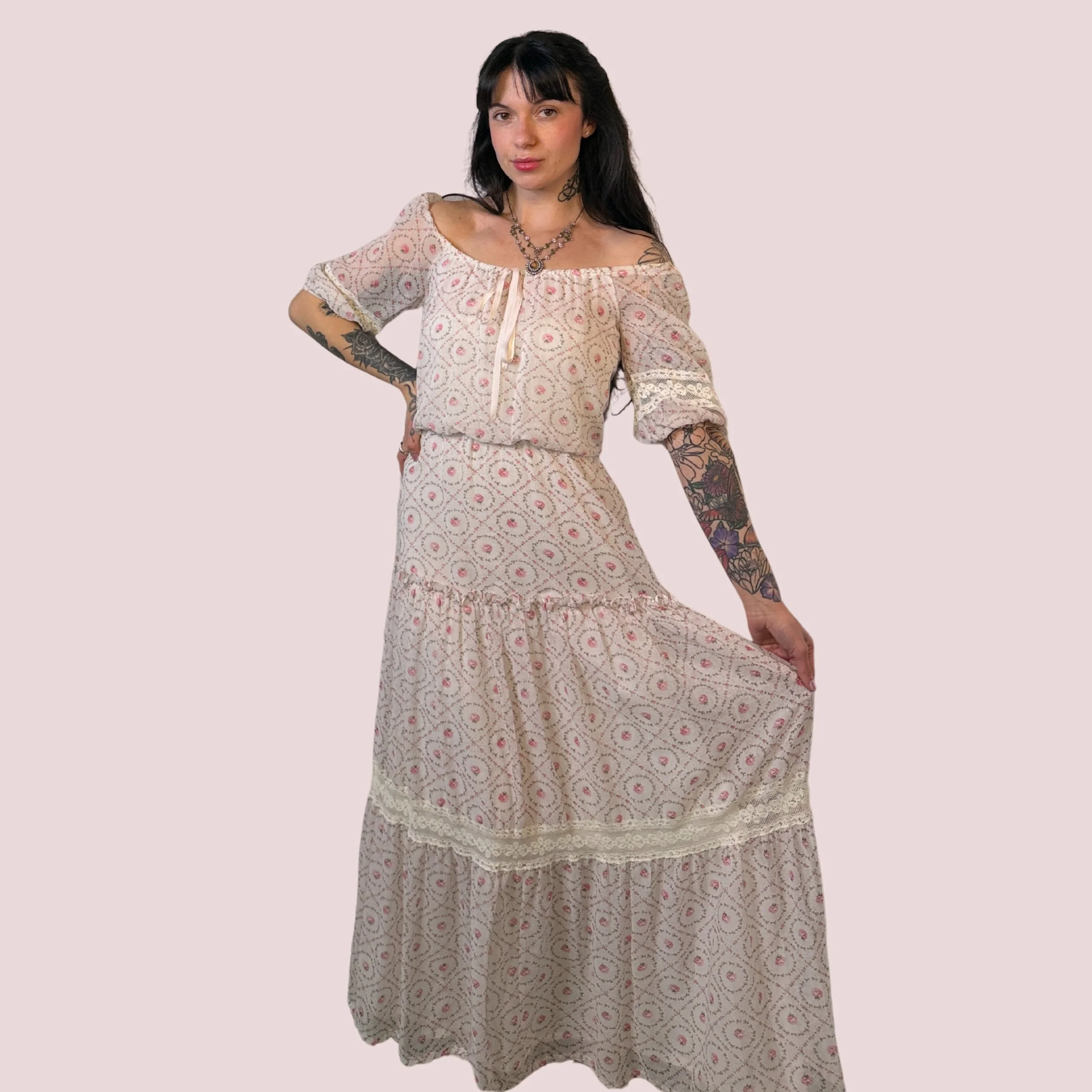 70s Pink Floral & Lace Prairie Dress