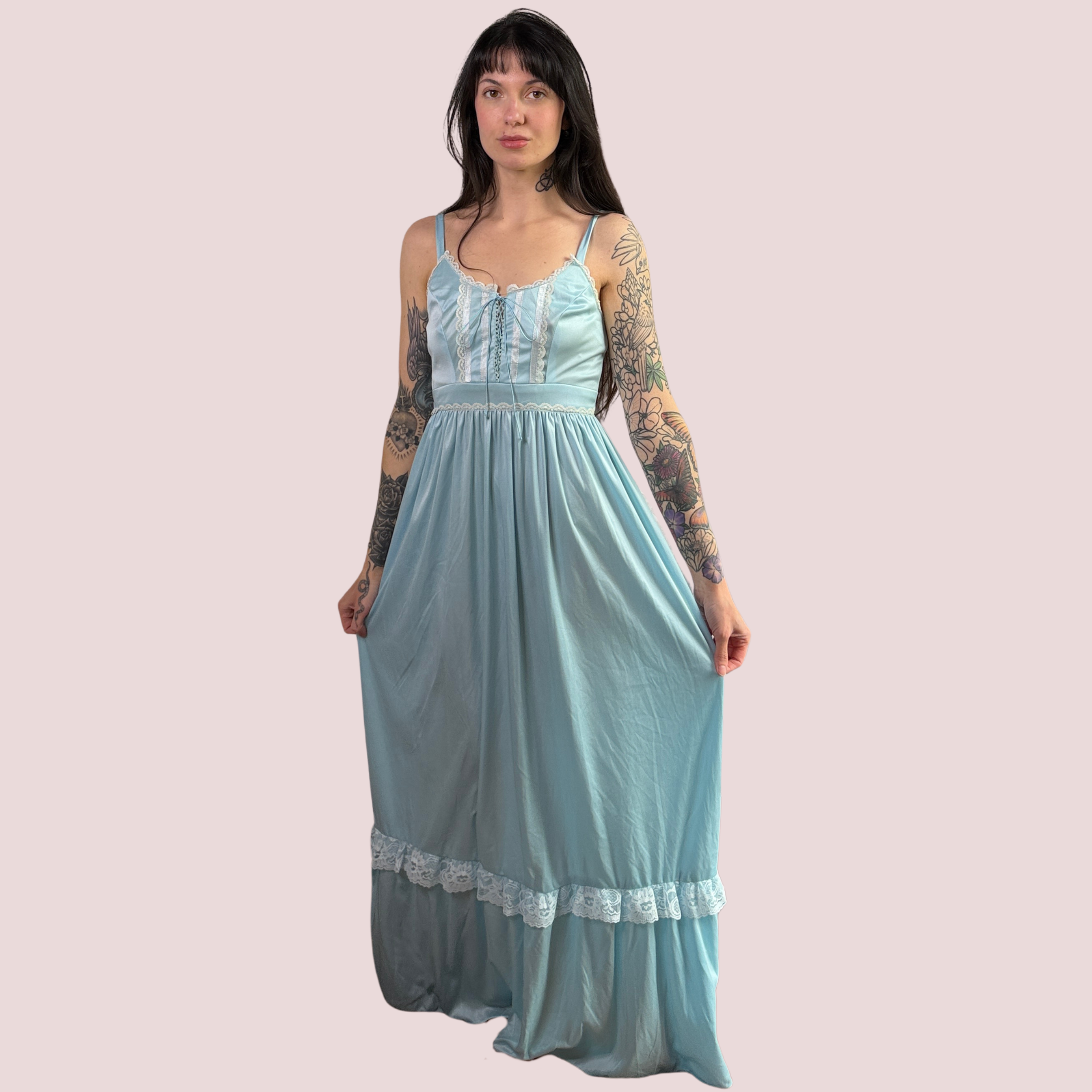 70s Powder Blue Satin Lace Prairie Gown